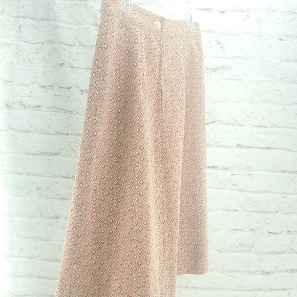 Vintage Womens Light Beige Geometric Flat Front Side Zip Handmade A Line Skirt - Picture 2 of 12
